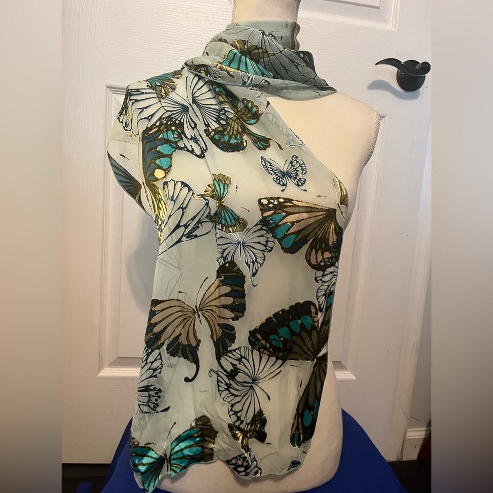 Butterfly Print Light Blue/Green Wrap Scarf with Turquoise Accents